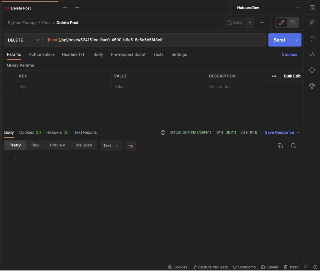 python, fastapi, postgresql, pydantic, and sqlalchemy crud restful api delete a post