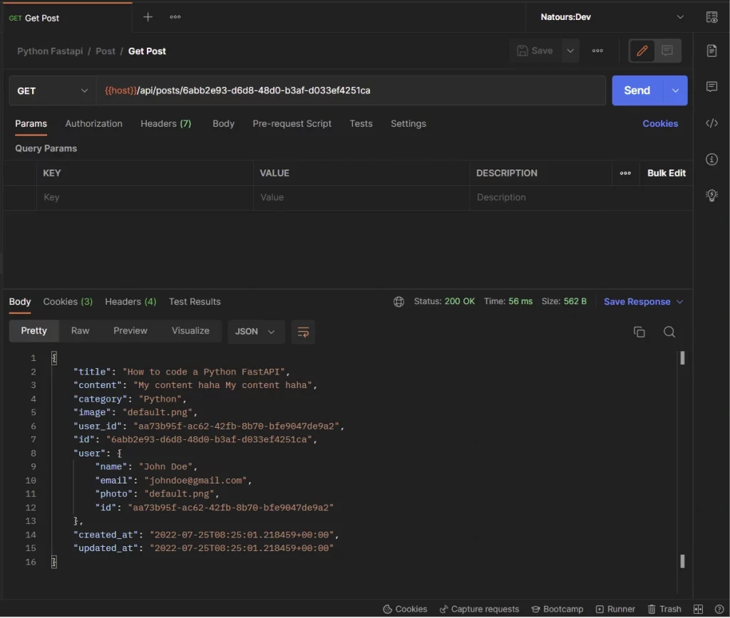 python, fastapi, postgresql, pydantic, and sqlalchemy crud restful api get a single post