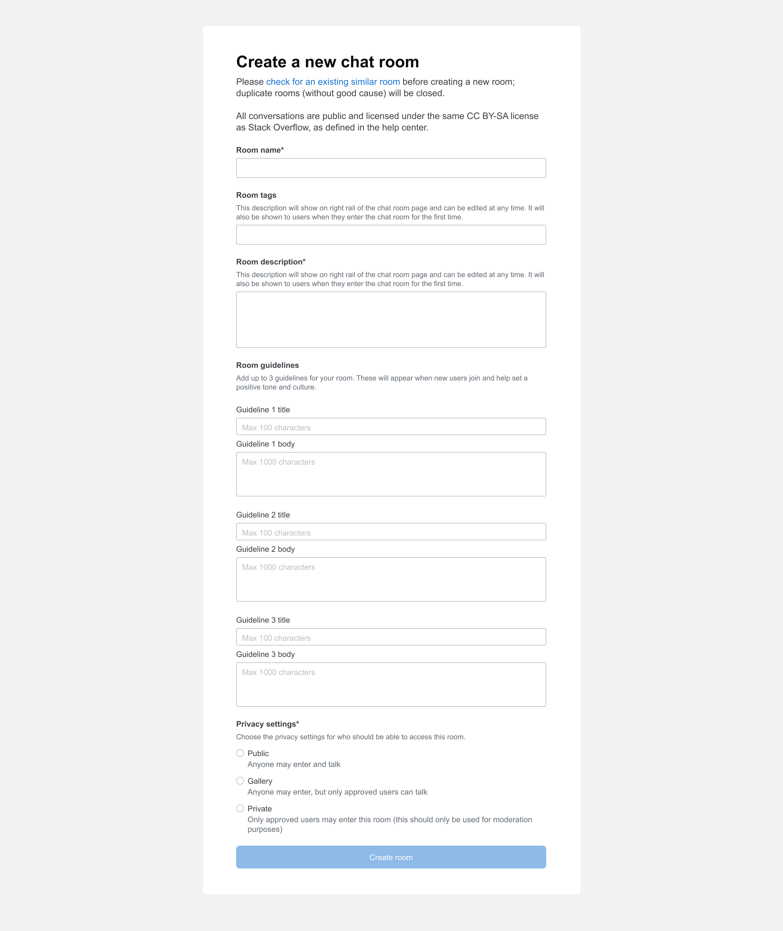 Updated chat room creation screen