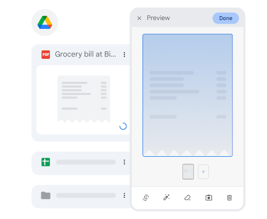 Mit dem Smartphone wird ein Kassenbon als PDF in Drive gescannt