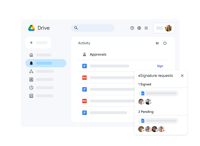 Eine Grafik zeigt Anforderungen für elektronische Signaturen für eine Datei in Drive