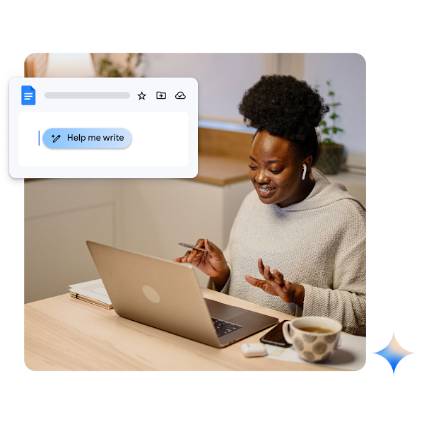 Henkilö käyttämässä kannettavaa tietokonetta kotitoimistossaan, näytöllä näkyy Gemini for Workspacen "Auta minua kirjoittamaan" ‐ominaisuuden ponnahdusikkuna.