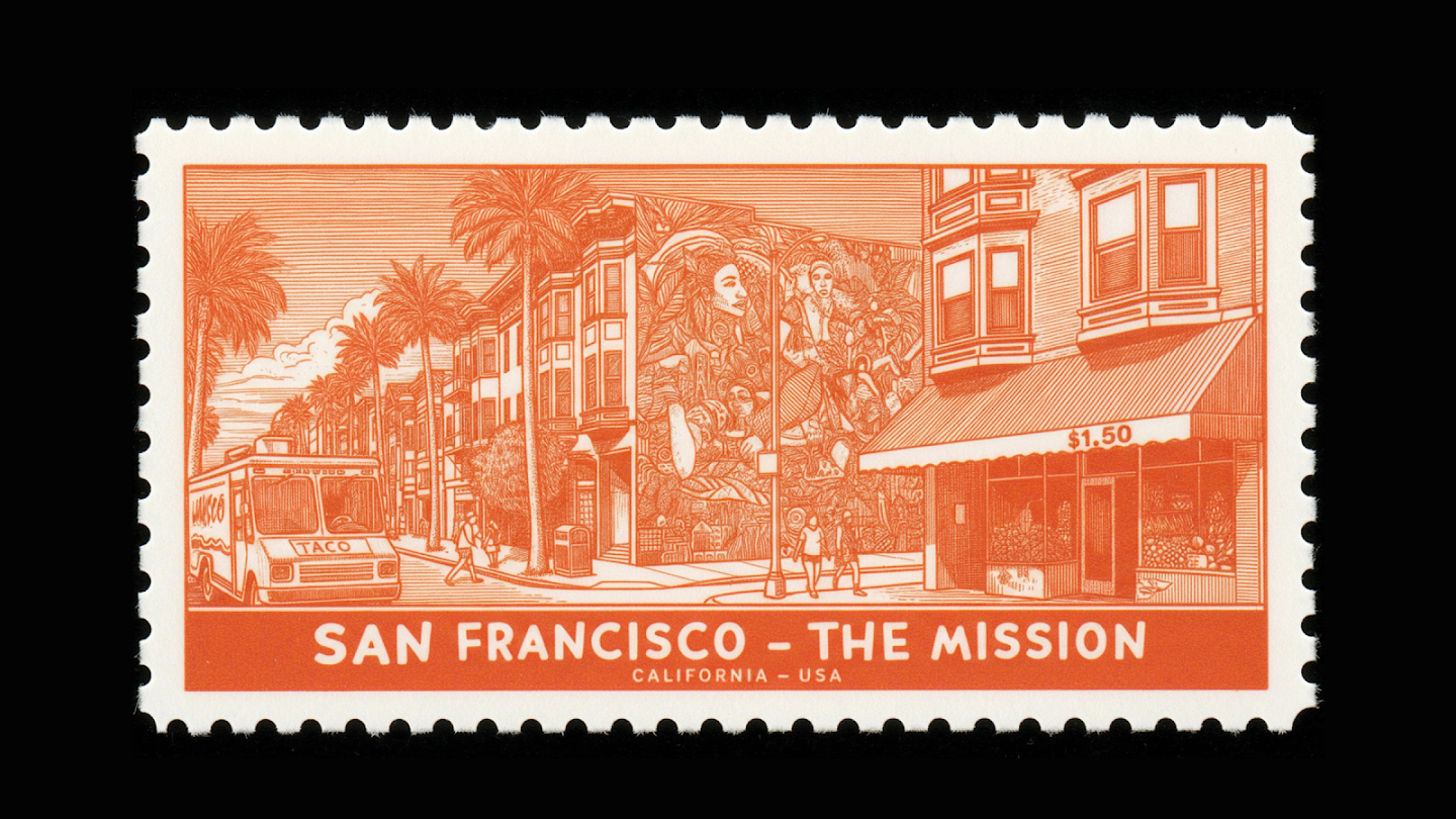 AI-generated image of: a detailed orange postage stamp with perforated edges, featuring an engraved-style illustration of San Francisco's Mission district with a taco truck, palm trees, and street murals