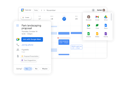 Изображение интерфейса Google Workspace: приглашения в Google Календаре и другие приложения