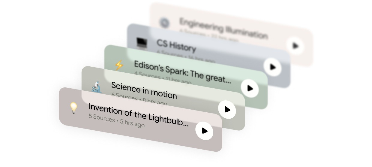 Stacked cards with science and history topics next to play buttons.