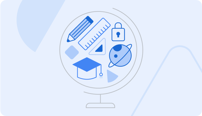 Illustration of a globe with objects inside of it, like a pencil, a planet, a graduation hat, and simple shapes.