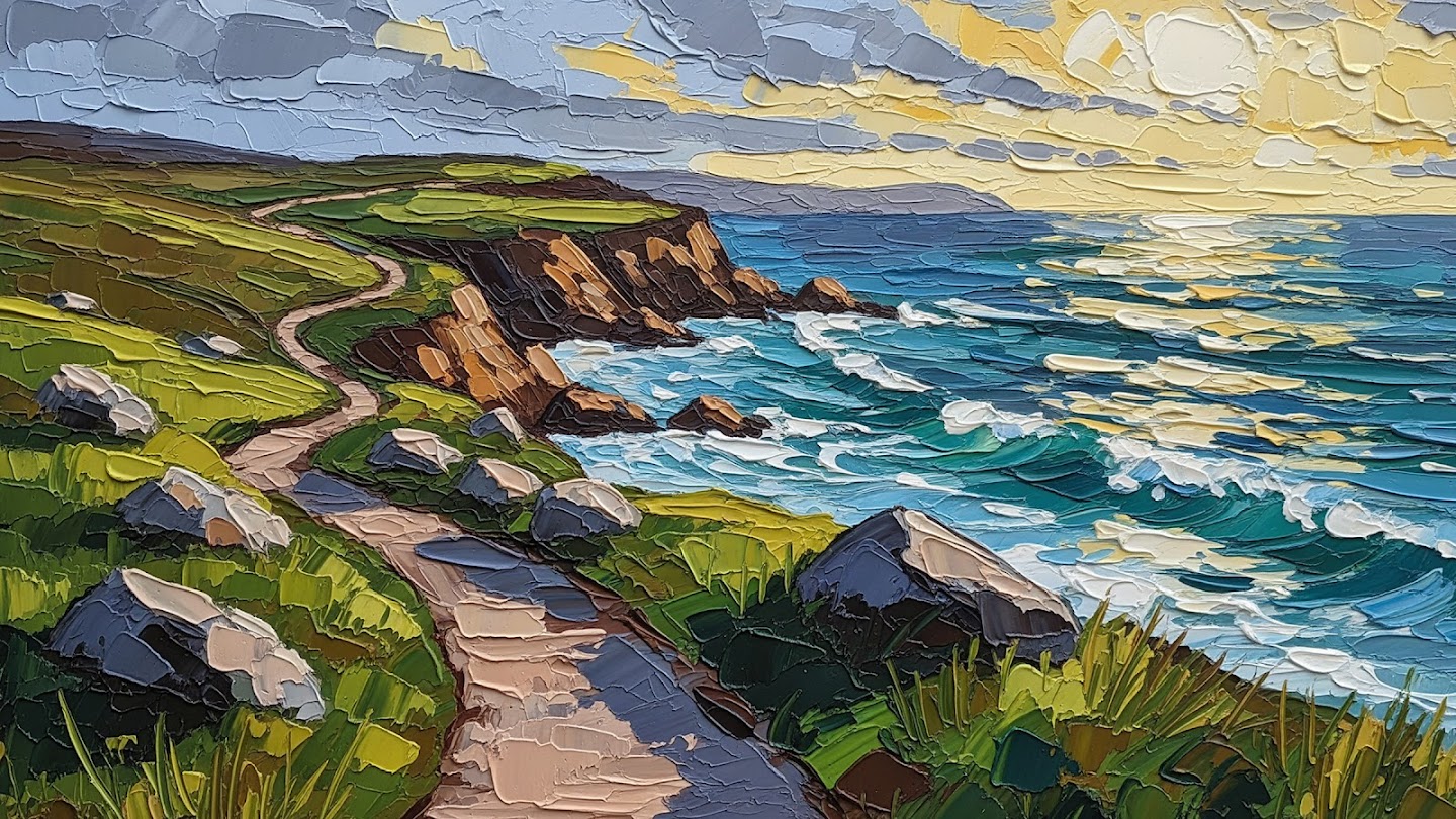 AI-generated image of: an impasto oil painting of a coastal cliffside, featuring extremely thick, raised dabs of paint creating a tactile, three-dimensional texture for the crashing blue and turquoise waves, rugged grassy path, and golden sunset sky