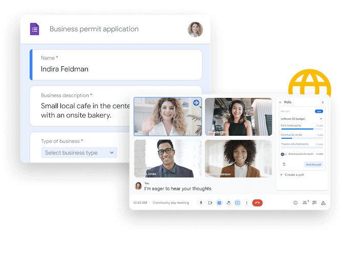 Изображение Workspace: коллеги совместно работают с документами в Google Таблицах и обсуждают их в Google Chat