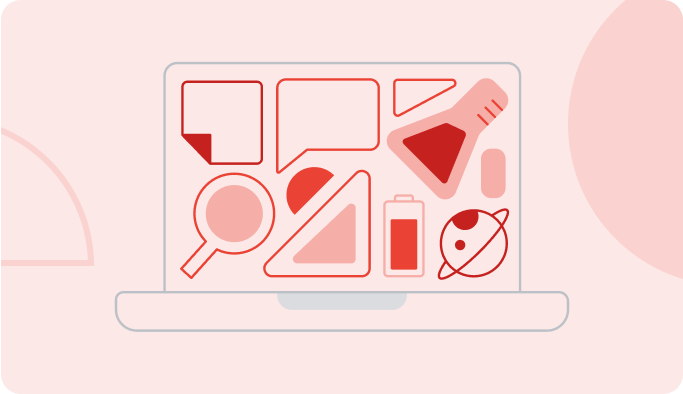 Simple illustration of an open laptop with various items like a beaker, a planet, and simple shapes inside of it.