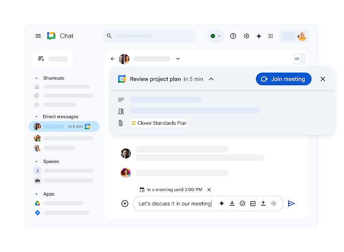 Google Chat 顯示即將到來的 Google 日曆會議，以及參加連結。