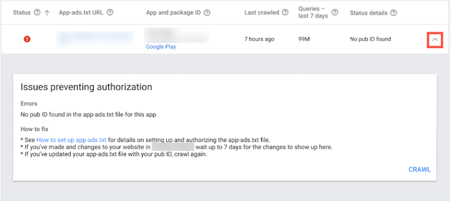 Die AdMob-Benutzeroberfläche mit erweiterten Details zu app-ads.txt in den App-Einstellungen