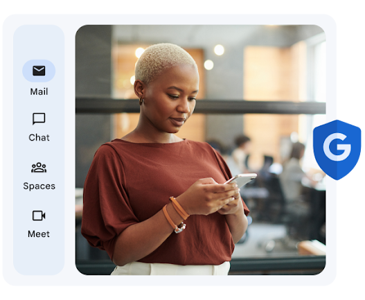 使用者在手機上瀏覽 Workspace，並受到 Workspace 安全功能的保護。