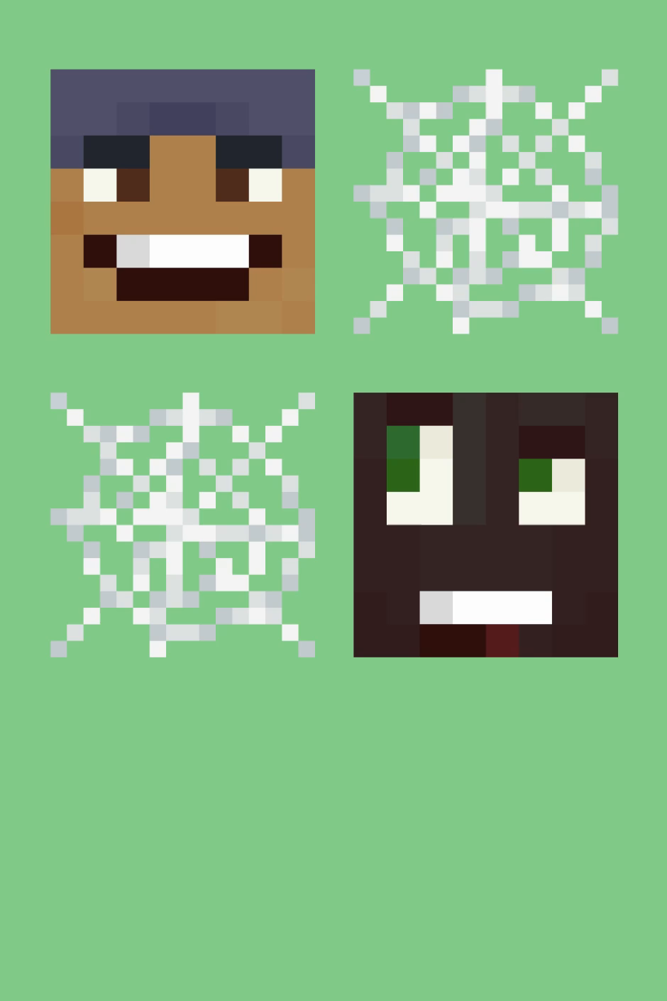 Two Minecraft character faces, each next to a white cobweb icon, are arranged in a square on a green background.