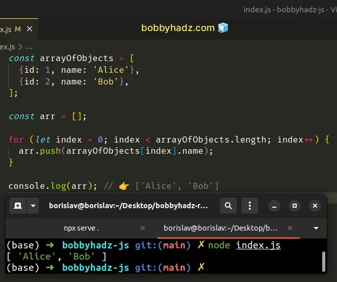 convert array of objects to array of values using for