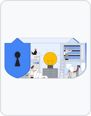 people working in an office with four rooms with a security lock in front