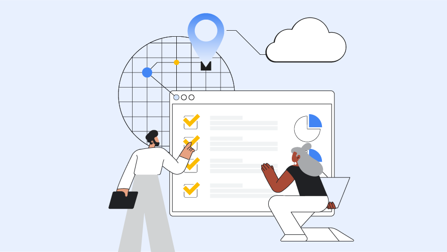 Animiertes Bild einer Grafik und zwei animierten Bilder, die ein Diagramm mit einer Wolke im Hintergrund betrachten