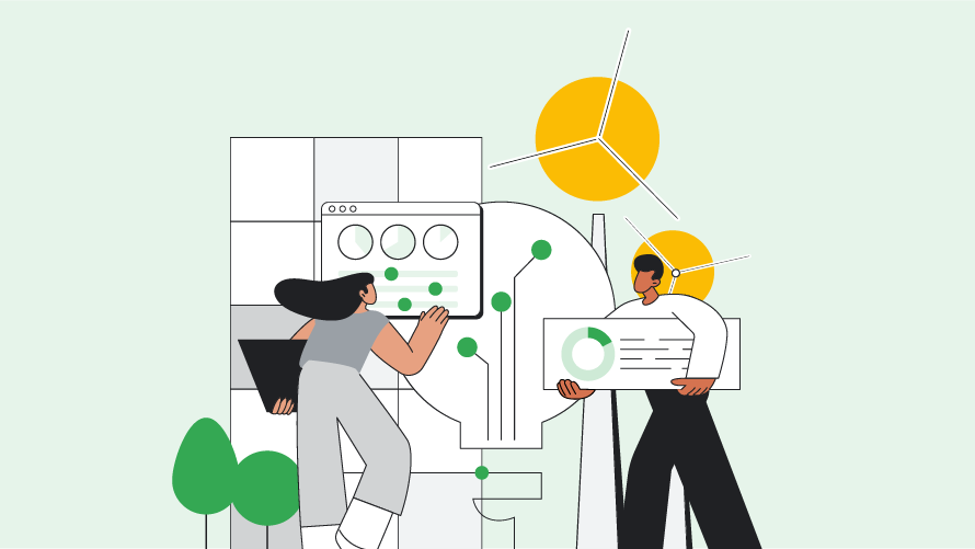 Animiertes Bild von zwei Personen, die Diagramme ansehen, dahinter ist ein gelber Kreis zu sehen. 