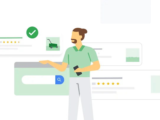 A person searching for information on lawnmowers