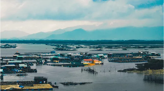 Landscape image of a town that is currently flooded, showing houses from far away that have rising water surrounding them