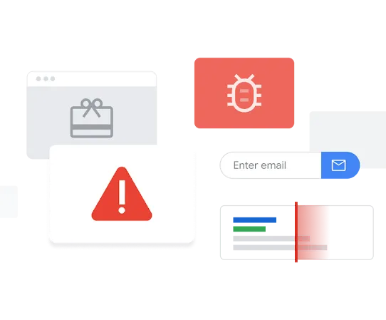 Illustrationen von Suchfenstern, die Malware, Spamwebseiten und fragwürdige Inhalte darstellen