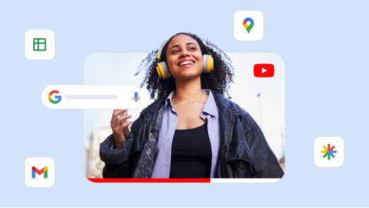 Une annonce vidéo pour des écouteurs entourée de diverses icônes de produits Google pour représenter la portée de Performance Max.