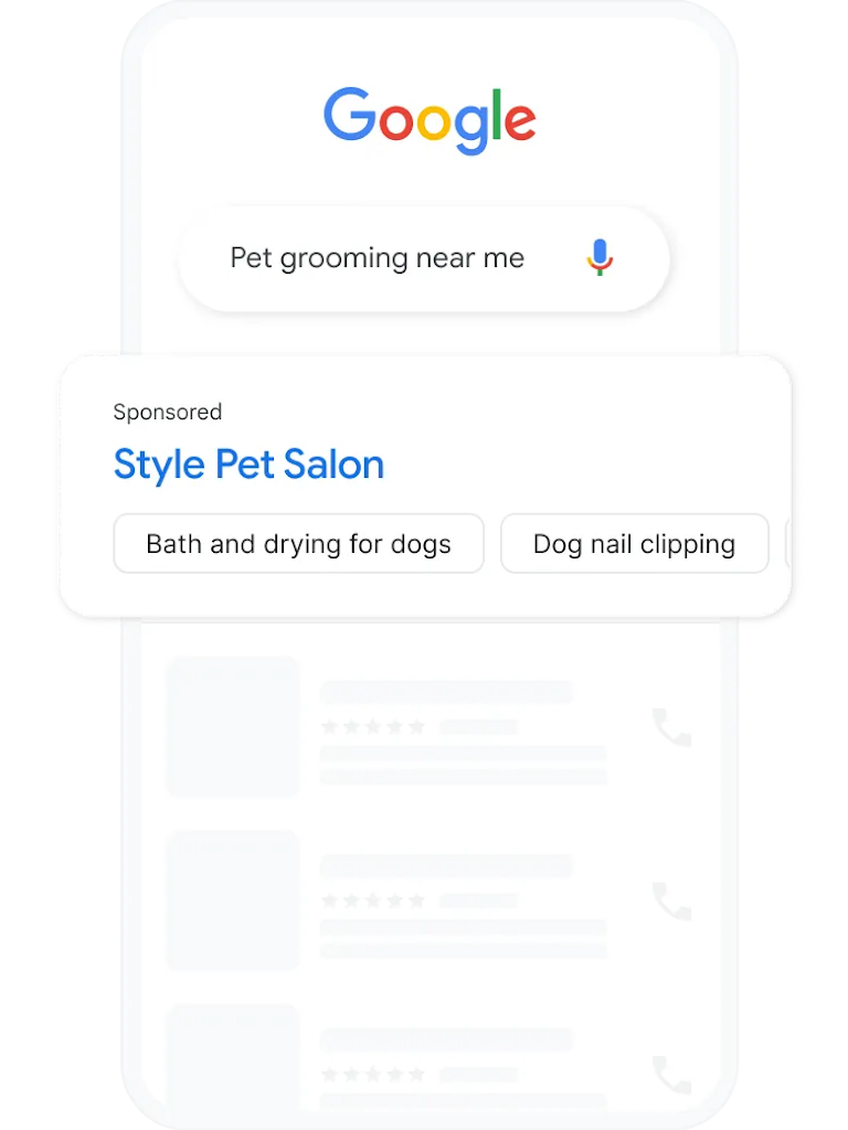 A search query and local services ad for pet grooming nearby.
