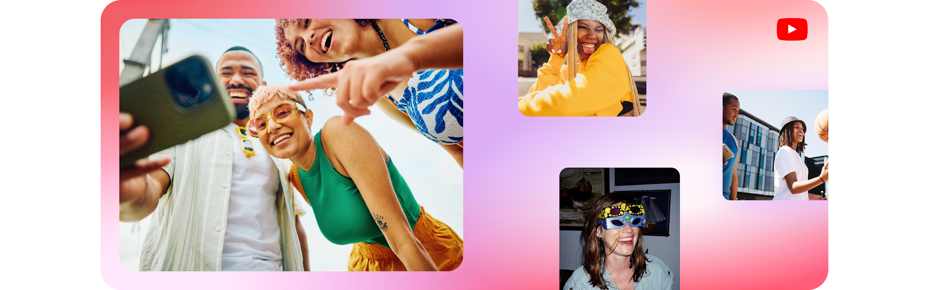 תמונה של קבוצת חברים שעומדים יחד בחוץ ומסתכלים בטלפון, לצד תמונה של נערה עושה סימן וי, תמונה של קבוצת חברים שמשחקים כדורסל, ואישה עם 2 זוגות של משקפי תלת-מימד.