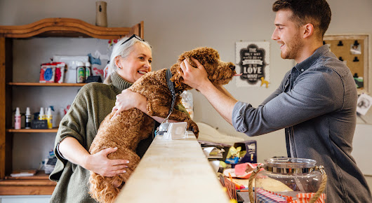 A smiling shop employee greets a happy, curly-haired dog that a customer is holding on the checkout counter of a small shop.