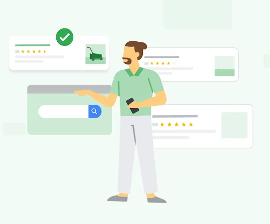 Eine Person sucht Informationen zu Rasenmähern